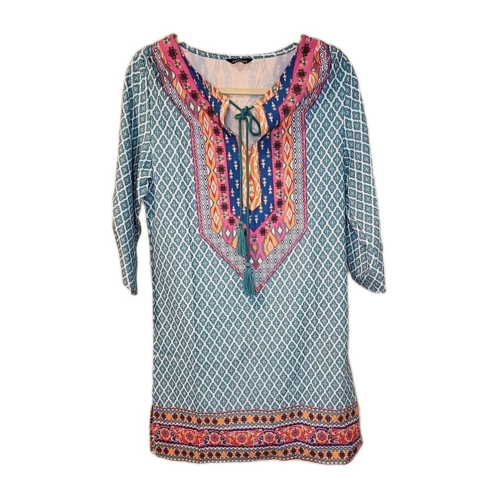 Feitong Women’s Boho 3/4 Sleeve V-Neck Tie Front Midi Dress Size S